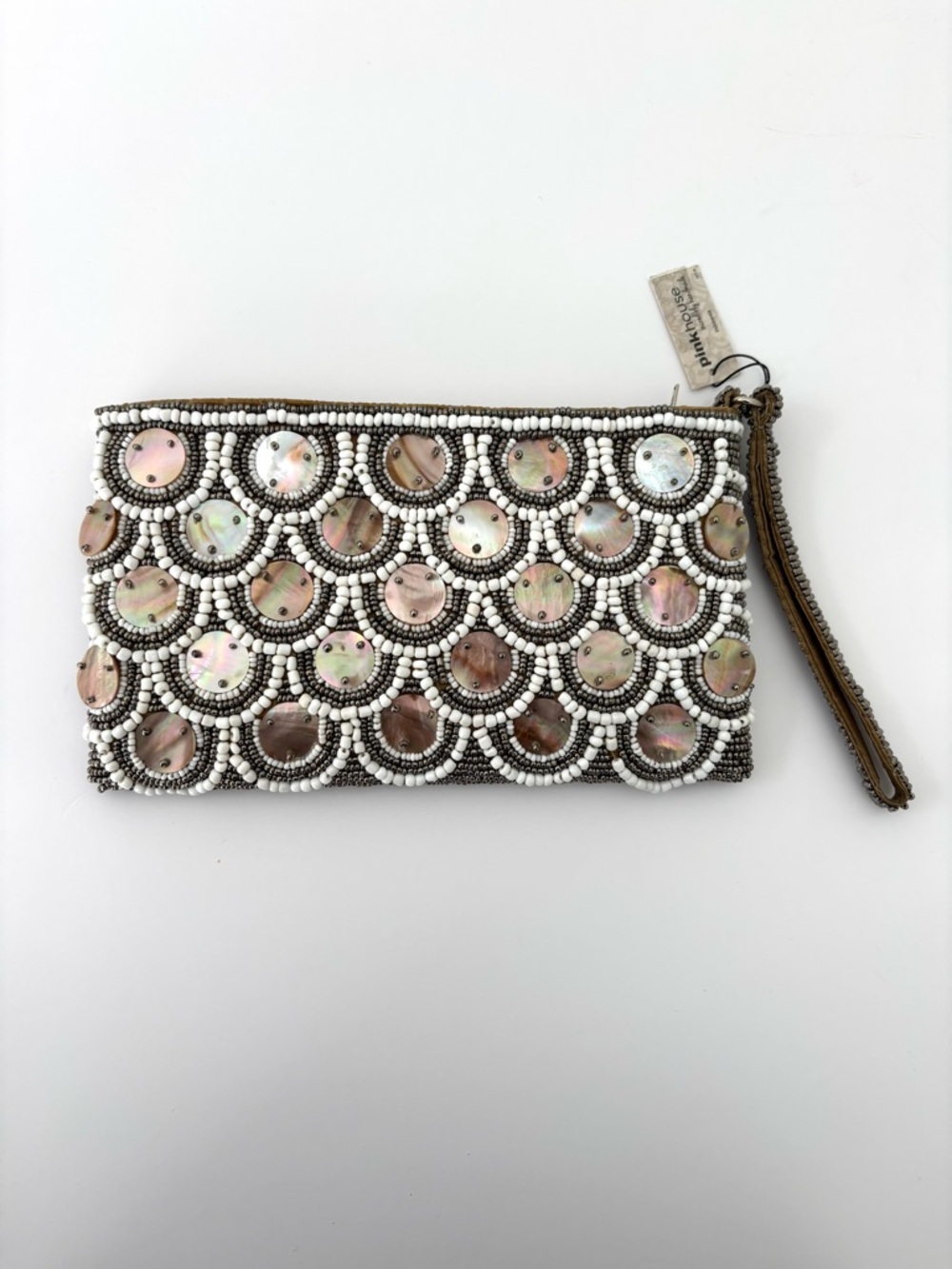 Pinkhouse Beaded Clutch Wristlet NWT Bronze & White Mother of Pearl Zip Closure